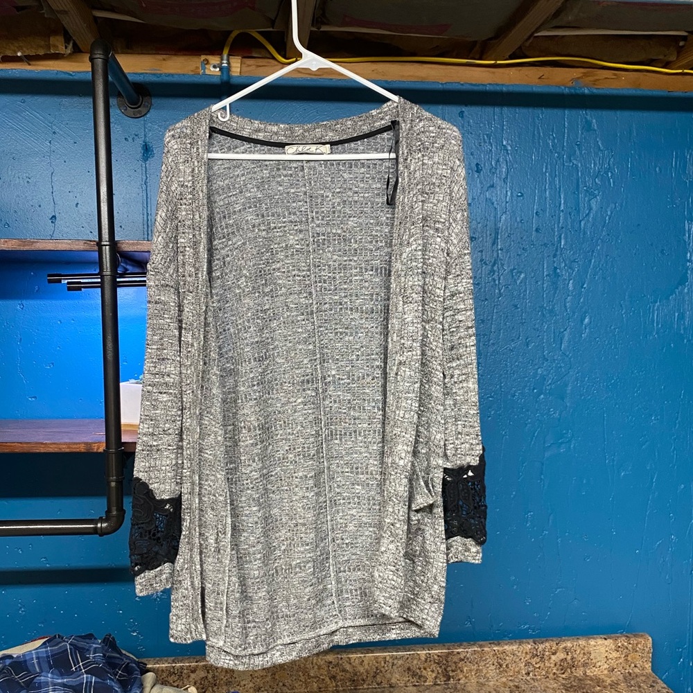 Chloe K long grey heather cardigan black sleeve